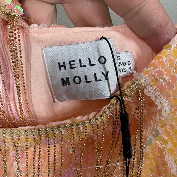 Hello Molly 4 Crystal Ball Sequin Mini Sheath Dress Peach Cut Out One Shoulder - Picture 9 of 11